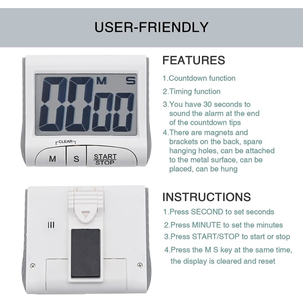 Digitaalinen ajastin (valkoinen, paristot eivät sisälly), lähtölaskenta-ajastin suuri näyttö, monitoiminen keittiöajastin kovalla LCD-näytöllä, pieni kannettava sähkö