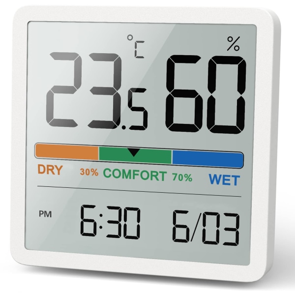 Hygrometer romtermometer, digitalt skrivebords termometer med temperatur- og fuktighetsmonitor, nøyaktig hygrometer romtermometer med klokke (hvit)