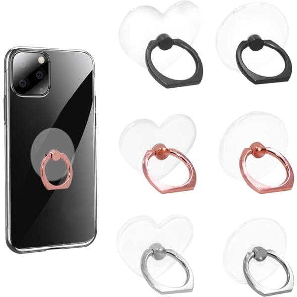 6-delt gennemsigtig mobiltelefonringholder (hjerteformet og rund), cirkulær ring og hjerteformet 360 graders roterende universal ringspændegreb
