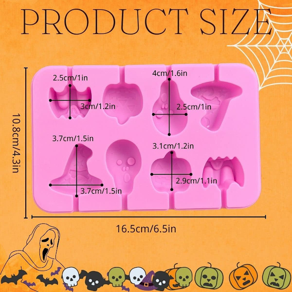 1 stk. Halloween silikone chokoladeform - 8 hulrum græskar, kranie, flagermus og hekses hat forme slikkepindeforme til DIY chokolade, slik, gelé wi