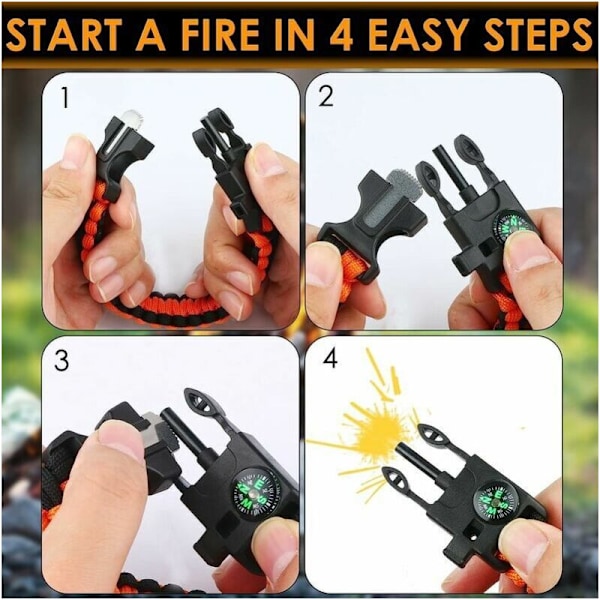 Set med 3 armband i utomhusöverlevnads-paracord för camping, vandring, multifunktionsverktyg, eldstarter, kompass och visselpipa