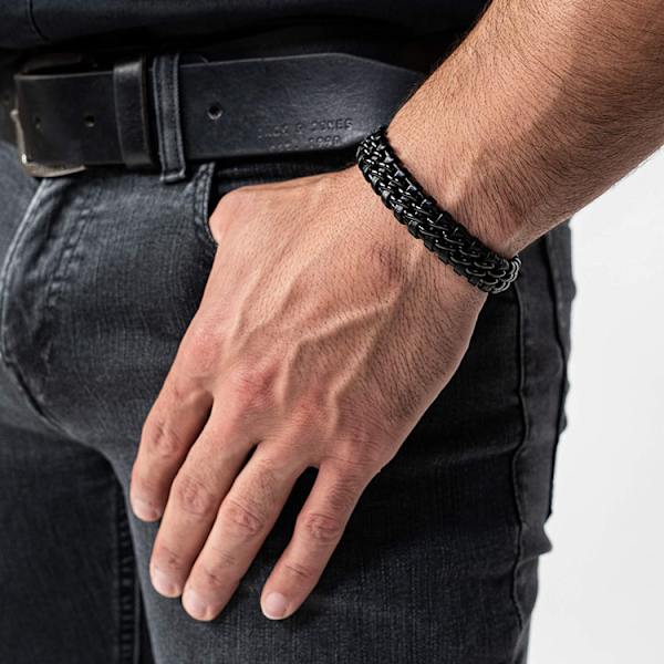 Herrearmbånd i sort læder - Flettet lædersnorarmbånd med magnetlås - Fantastiske gaveideer
