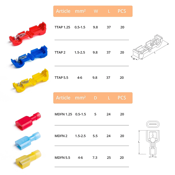 120 stk T-tapp crimp elektriske kabelsko - Hurtigkobling Bilisolert ledning og kabelsko - 0,5-6,0 mm²