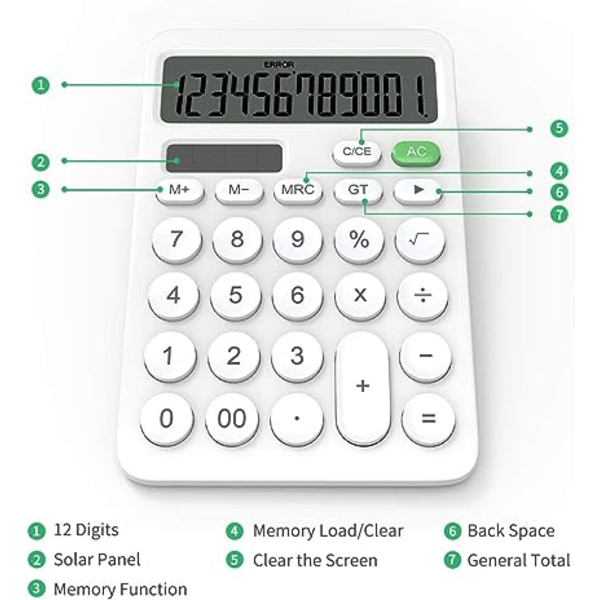 (Hvid) Skrivebordslommeregner med LCD-display, følsomme knapper, solcelledrevet og batteridrevet lommeregner til lærere, studerende og kontorer