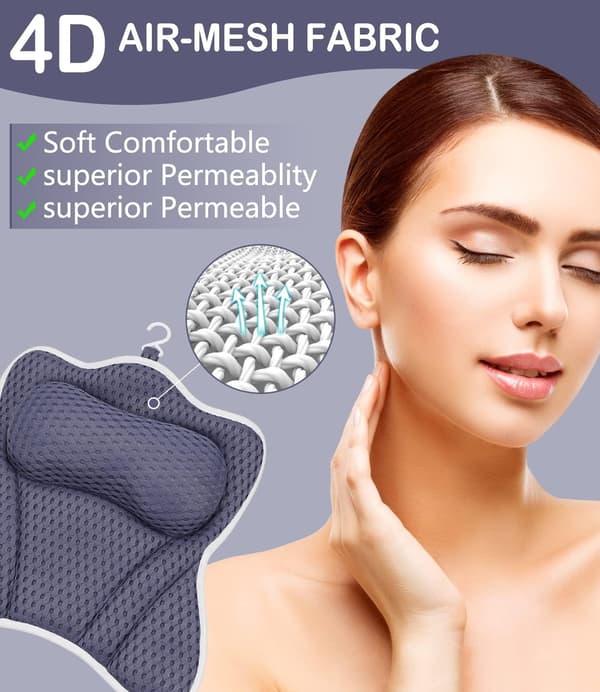 Badekarpute (40*40*7cm), Badekarpute Ergonomisk 4D Air Mesh Teknologi og 6 Sugekopper Hode Støttefunksjon Blå, Egnet for Badekar, Boblebad