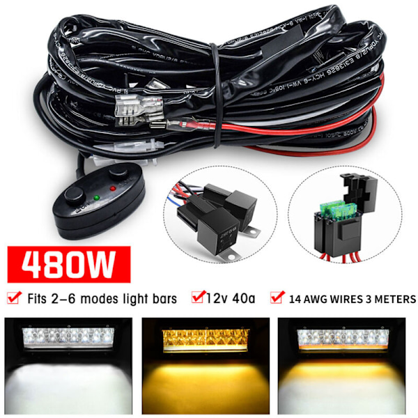 Kabelsett for LED-lysrampe, 480 W, 2 ledninger, 14 AWG, universelt LED-kabelsett med 12 V 40 A relé og to kontrollbrytere for å bytte mellom dif