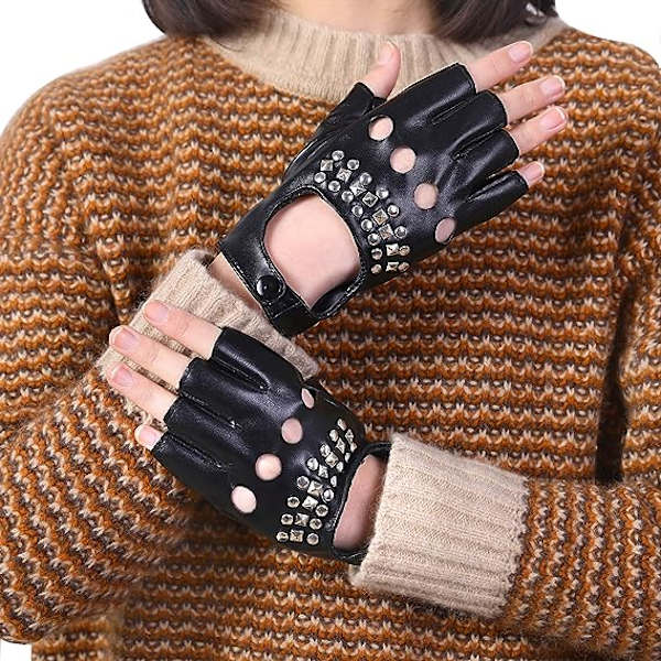 Kvinder PU Læder Punk Handsker Nittet Rem eller Spænde Halv Finger Performance Handsker