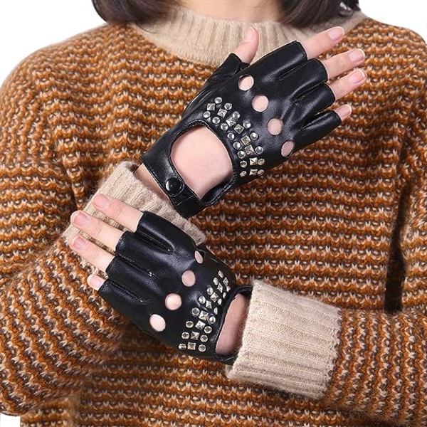 Punkhandskar i PU-läder för kvinnor med dubbrem eller spänne med halvfinger