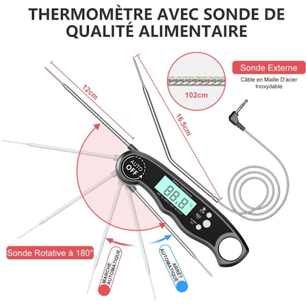 Termometer kök, termometer matlagning omedelbar avläsning med 102 cm hopfällbar sond, bakgrundsbelyst LCD & magnet, digital termometer för matlagning, me