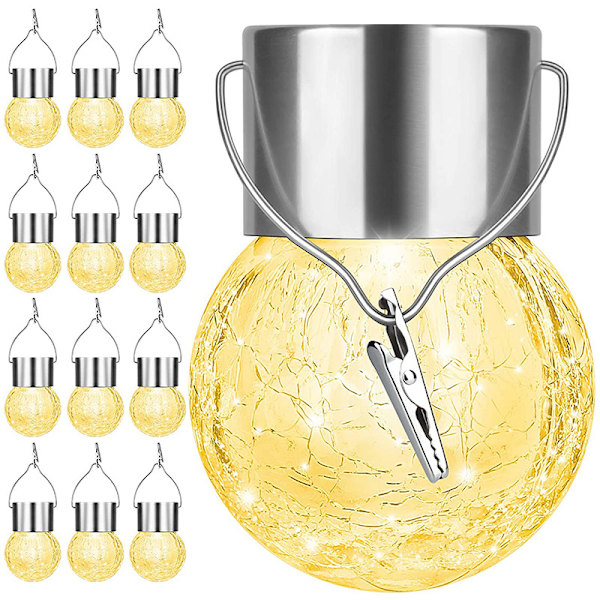 1 pakke juledekoration lysekrone krakelglas solcellelamper udendørs vandtæt til have, gård, hegn, træer (varm hvid)