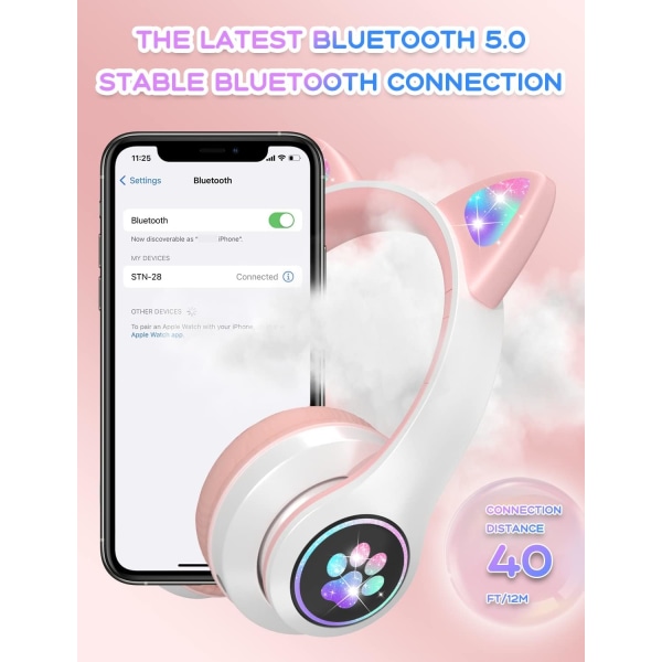 Bluetooth Kids -kuulokkeet HD-mikrofonilla/LED-valoilla (vaaleanpunainen), 8