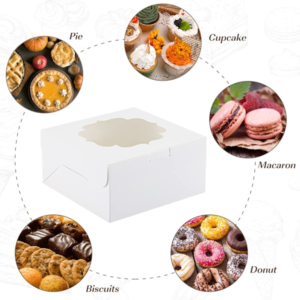 50 stk. 6x6x3 tommer hvide bageriæsker med vindue, kageæsker, dessertæsker, konditoræsker til jordbær, cupcakes, chokolademuffins, donuts