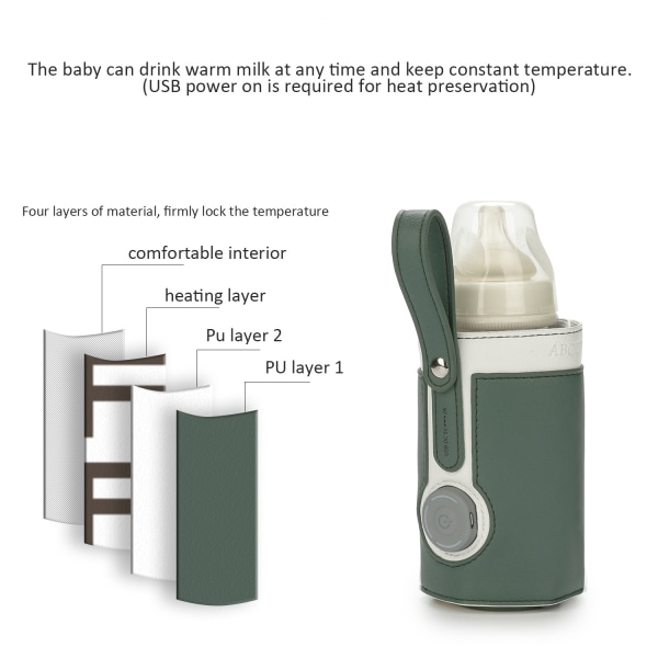3 lämpötilasäädettävä kannettava pullonlämmitin, kannettava automatkapullonlämmitin USB maidonlämmittimen pullonlämmitin (vihreä)
