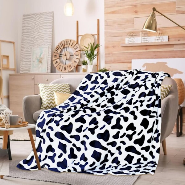 Fleecedækken i ko-flonel (140 x 160 cm) - Sort og hvidt blødt dækken til sofa, sofa - let og behageligt kohudedækken til alle årstider