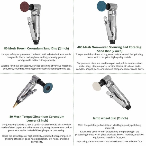 Pneumatisk vinkelsliper (1/4 BSP 6,2 bar) for bilpolering, avgrading, avrunding, sliping, utstyrt med 2 tommers korundsandplater 50 mm 400 mesh 80