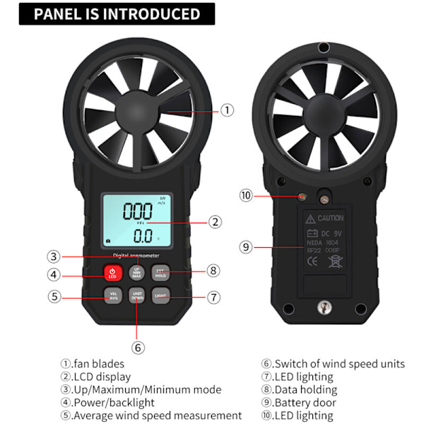 Bærbar anemometer, bærbar vindhastighedsmåler, CFM-tæller, vindmåler med LCD-baggrundsbelysning til meteorologisk dataindsamling, sejlads, surfing, udendørs