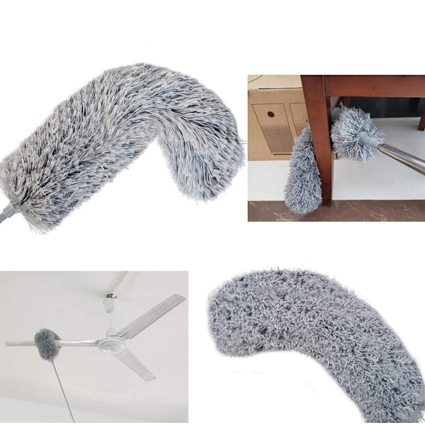 Hopfällbar dammvippa (2,5 m grå), hopfällbar dammvippa i rostfritt stål med mikrofiberdammvippa med reptåligt lock, perfekt för rengöring av spindelnät,