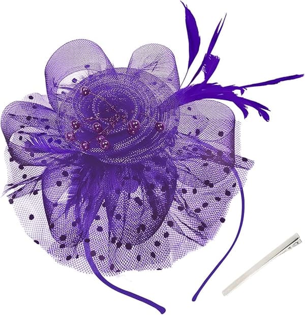 Mauve - Hat med blomst og netbånd, fjerhovedbånd og teklips, til piger og kvinder.