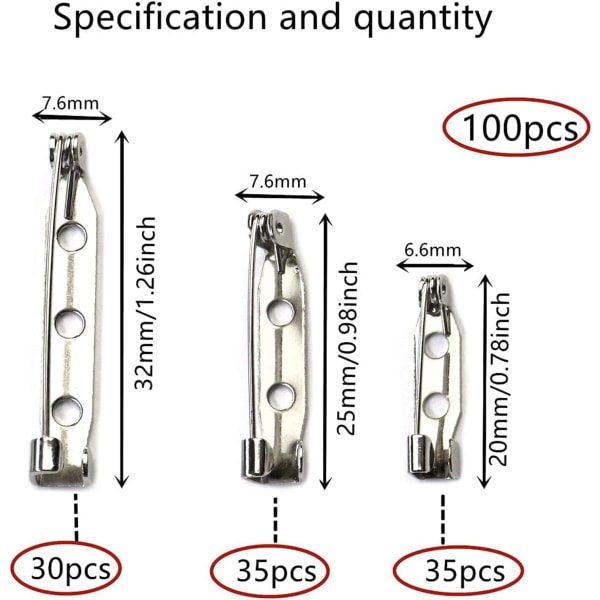 100 kpl turvakiinnittimiä, askartelukiinnittimiä (20/25/32mm), turvakiinnittimiä koruihin ja askarteluun (hopea), turvakiinnittimiä selkäsolkiin