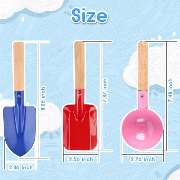 6 Piece Kids Beach Tools,Children Beach Sand Toys, Made of Metal with Sturdy Wooden Handle,Safe Beach Gardening Set,Spoon, Fork, Trowel, Rake  Shove