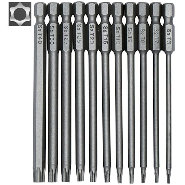 11 TORX -kärjen sarja ruuvimeisseleille ja sähköruuvimeisselille - magneettiset kärjet - 1/4\" kuusiovarsi - koot T6 - T40 - pituus 100 mm