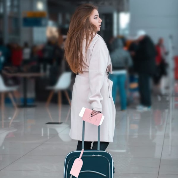 Rosa, svart - 2 bagasjelapper og 2 passholdere, passholder i skinn og koffertlapper, passholder og ID-bagasjelapper for par som reiser