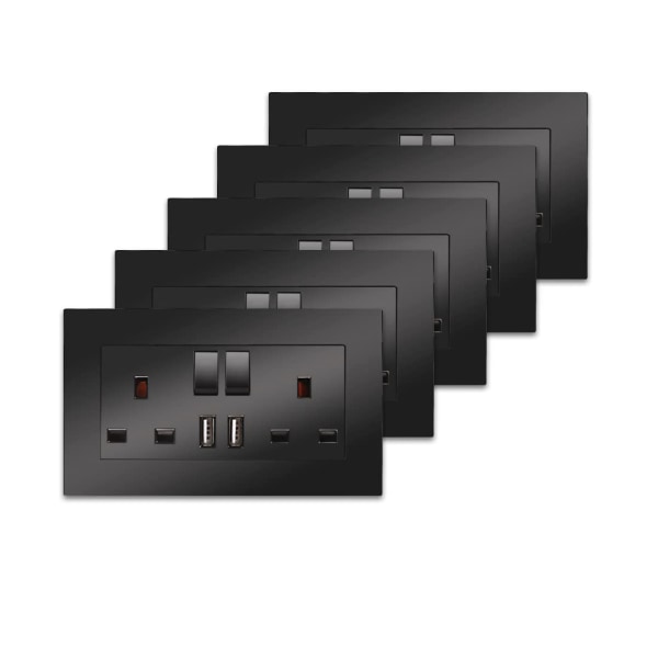 5-Pack Dual Switch-udtag med 2 USB-opladningsporte, 2 sæt af 13 Amp strømudtag, sorte PC Board-vægudtag