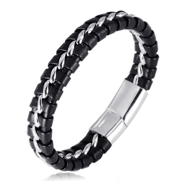 Pojkars armband i äkta läder, svart, titan silverkedja, magnetisk lås, 7 tum/18 cm
