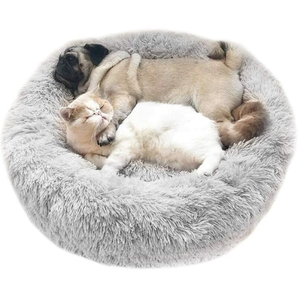 Lysegrå rund plys kæledyrsseng Rund kurv Companion Nest tyk plys dyreredepude til katte og hunde til dyb søvn