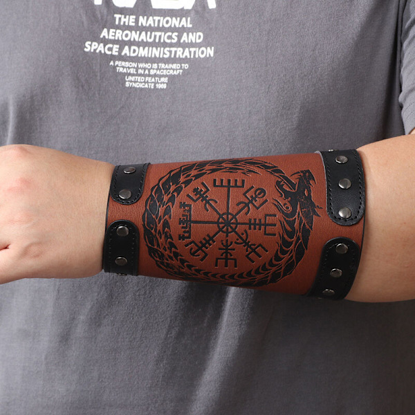 Håndlavede fuldnarvede læderbracers, Viking Rune Kompas Bracers, Middelalderlig Bracer Læder Gauntlet Bracer, Læder Bracer Arm Cuff Armor, , brun 2