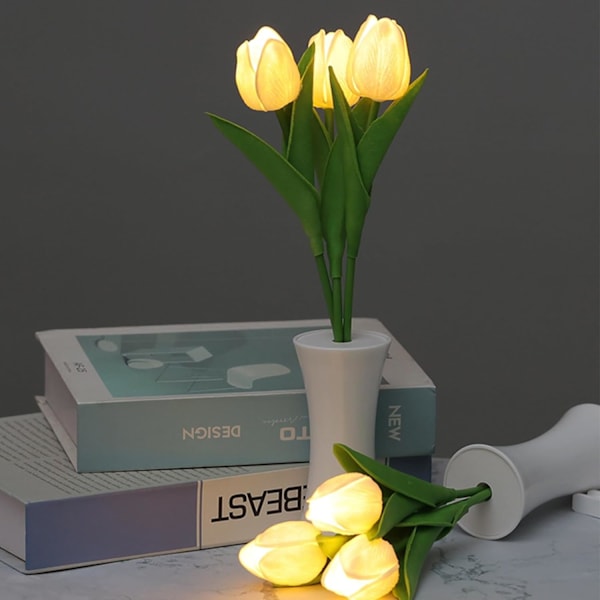 2-pack eleganta tulpanblommor bordslampa, 3 stjälkar vita tulpan LED nattlampa, simulerad krukväxt nattlampa födelsedag semesterfest bröllop rumsdekor