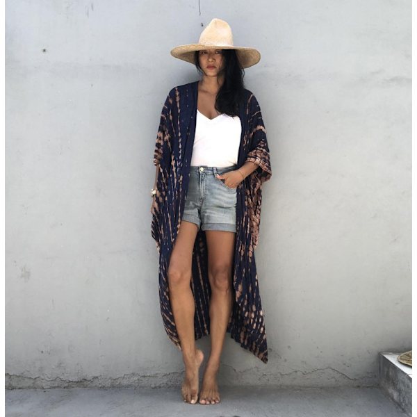 Tie Dye Strand Kimono Cardigan, Lång Badkläder Bikini Strand Cover Up, Öppen Fram, Casual Lös Flytande-Armégrön