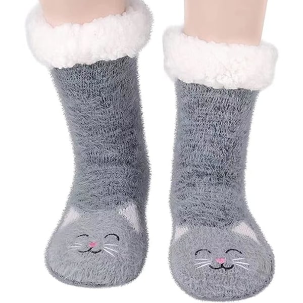 Cat Fluffy Slipper Socks, Comfort Seng Sokker med Grip, skridsikker Plys Termo Beslag Sokker Gaver til Kvinder Piger