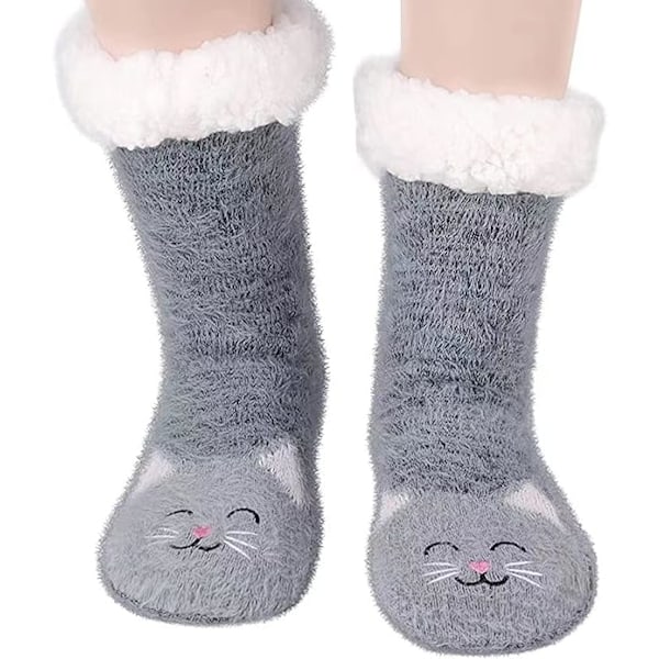 Mjuka tofflor med kattmotiv, bekväma sängsockor med grepp, halkfria plyschstrumpor med termisk hållare, presenter till kvinnor och flickor