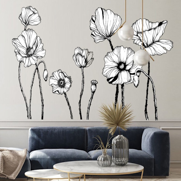 Svart Vallmoblomma Väggdekaler, Blommiga Väggdekaler, Väggdekor för Sovrum, Vardagsrum, TV-Bakgrund, Heminredning (30x90cmx2ST)