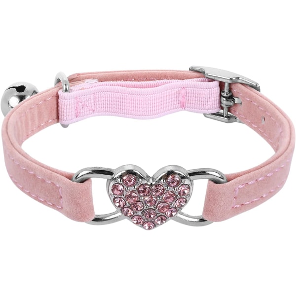 Rosa hjerteformet kattehalsbånd med sikkerhetsbelte og rhinestone-klokke f
