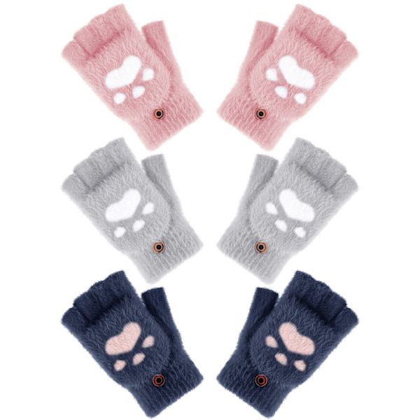 3 par vinter fingerløse handsker varme konvertible handsker flip katteklo handsker til kvinder koldt vejr cosplay (pink + navy + grå)