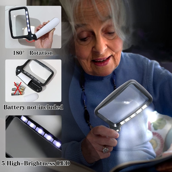 Lighted Reading Magnifier, 3X Large Illuminated Magnifying Glasses with 5 LED Lights Portable Ideal for Seniors, Children, Hobbies, Crafts,
