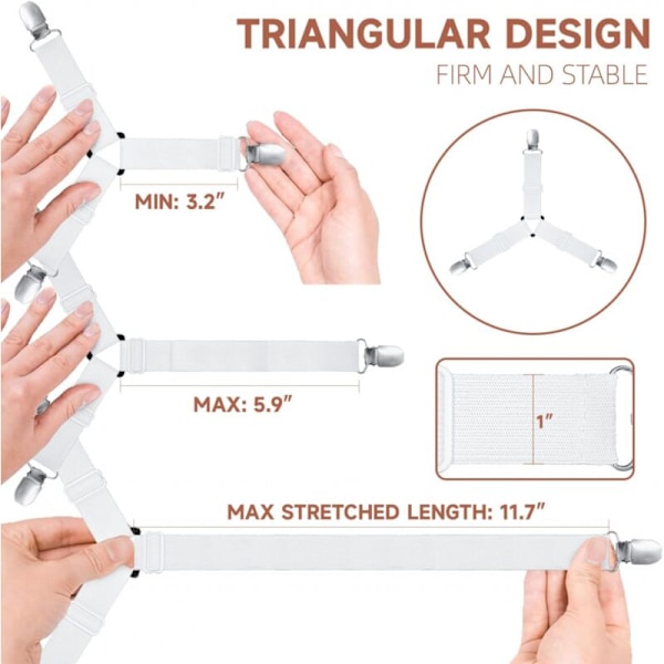 Set med 4 utdragbara triangulära fästen för drapering med justerbara, vita fästremmar, för sängkläder, lakan, strykbrädsöverdrag, madrasser, soffor