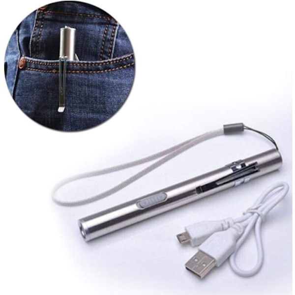 Mini USB LED ficklampa Medicinsk diagnos, vattentät och uppladdningsbar ficklampa i rostfritt stål med fickklämma + USB-kabel för mekaniker (3 st)