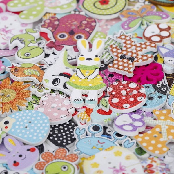 Träknappar för sömnad, blandade färgglada djur knappar för sömnad, pyssel, scrapbooking och DIY handgjorda dekorationer, 150 stycken
