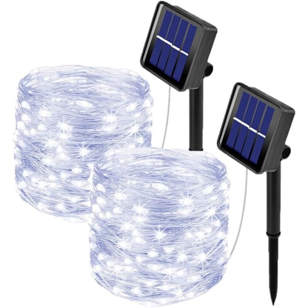 Set med 2 solcellsdrivna utomhusgirlanger, 10m 100 LED 8 mönster (vit)