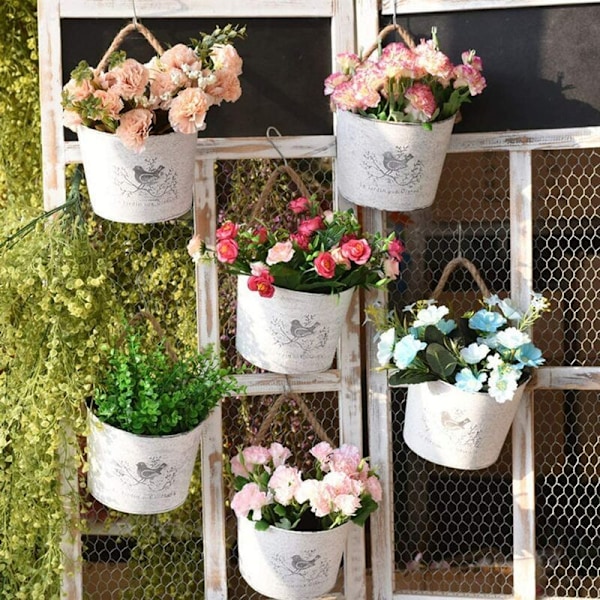 Halvrunde metal plantepotter Mural hængende blomsterkrukke plante med reb Havevægdekoration til huset (hvidt sæt med 2)