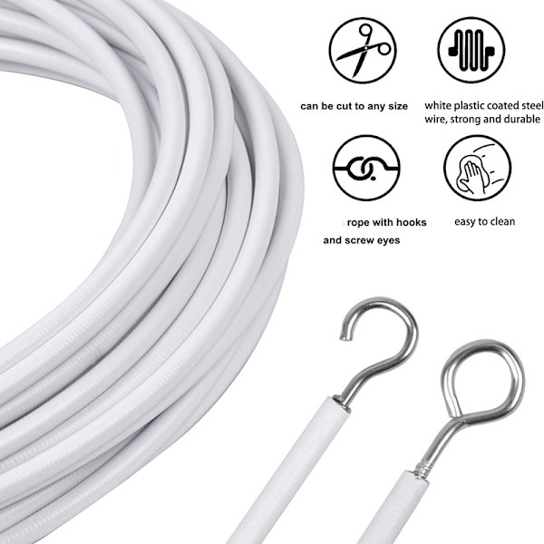 Netgardin Wire 10M Gardin Wire Hvid Gardin Wire med Gardinkroge og Øjne Gardinkabelstreng Gardinsnor til Gardinstang Hængende Gardin C