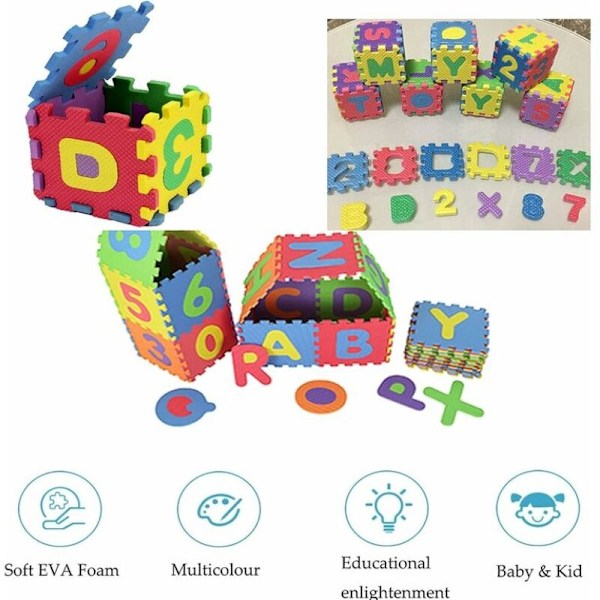(12 x 12 cm) Skummatta för baby, 36 bitar, lekmatta för barn, halkfri, giftfri, med bokstäver och siffror, CE-certifierad, flerfärgad