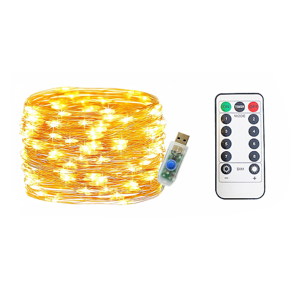 USB LED Julelysstreng med Fjernbetjening 100LED Halloween Indendørs Udendørs Dekoration Lys Soveværelse Bryllup Fest Hjem Have Varmt Hvid