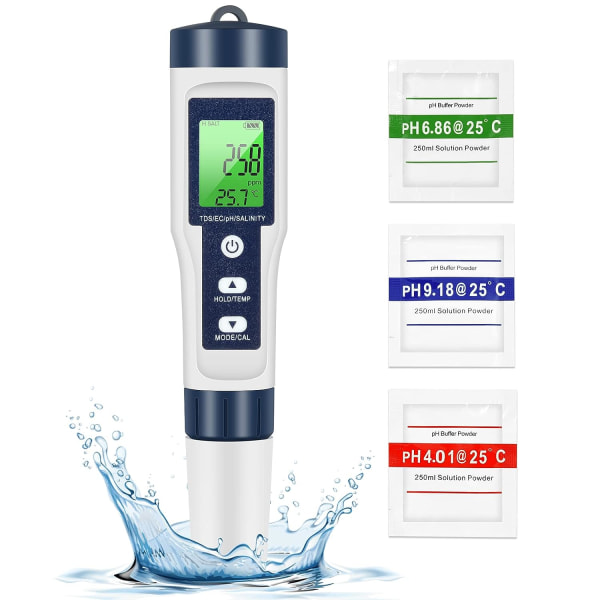 PH TDS Meter, 5-i-1 Vandkvalitetstester PH/TDS/EC/SALT/Temperatur TDS Meter LCD Grøn Baggrundsbelysningsskærm til Pool/Akvarium/Dam