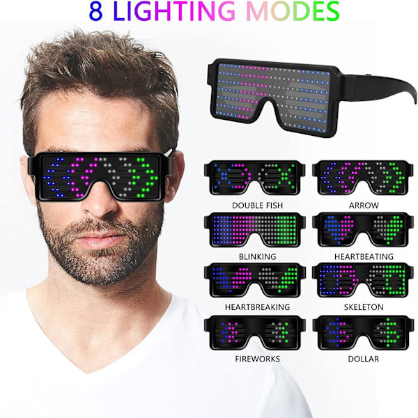 LED-lysende briller, 8 lysmønstre, Cyberpunk lysende briller Futuristiske briller, USB-oppladbare LED-briller for raves, cosplay og fester