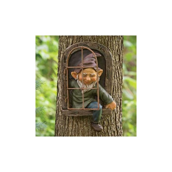 Alv ut av døren Treomfavner, hagefigur i resin, hengende hagenisse for terrasse, plen (mann)