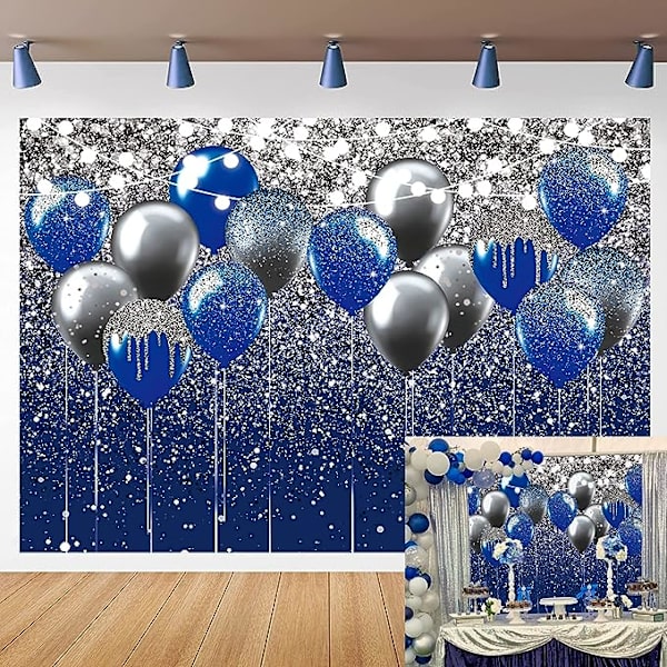 Sininen ja hopeinen tausta 150x90cm, käytetty Orlando-hääpallossa, syntymäpäiväjuhlan valokuvaustausta Kiiltävä hopeanharmaa sininen ilmapallo Lapset